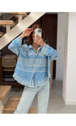 Chemise jean bleu clair broderies fluide large mode tendance chic manches longues grecy