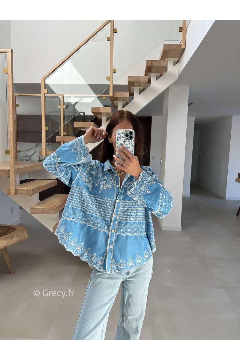 Chemise jean bleu clair broderies fluide large mode tendance chic manches longues grecy