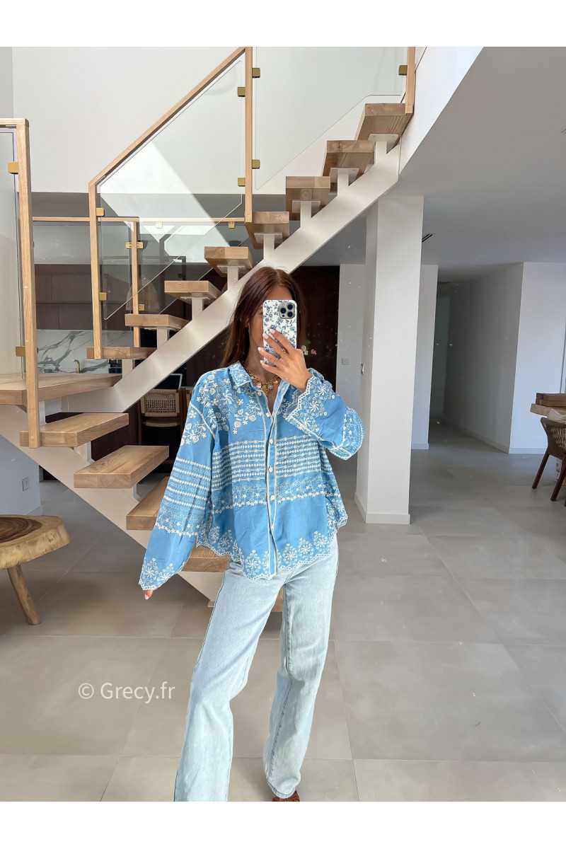Chemise jean bleu clair broderies fluide large mode tendance chic manches longues grecy