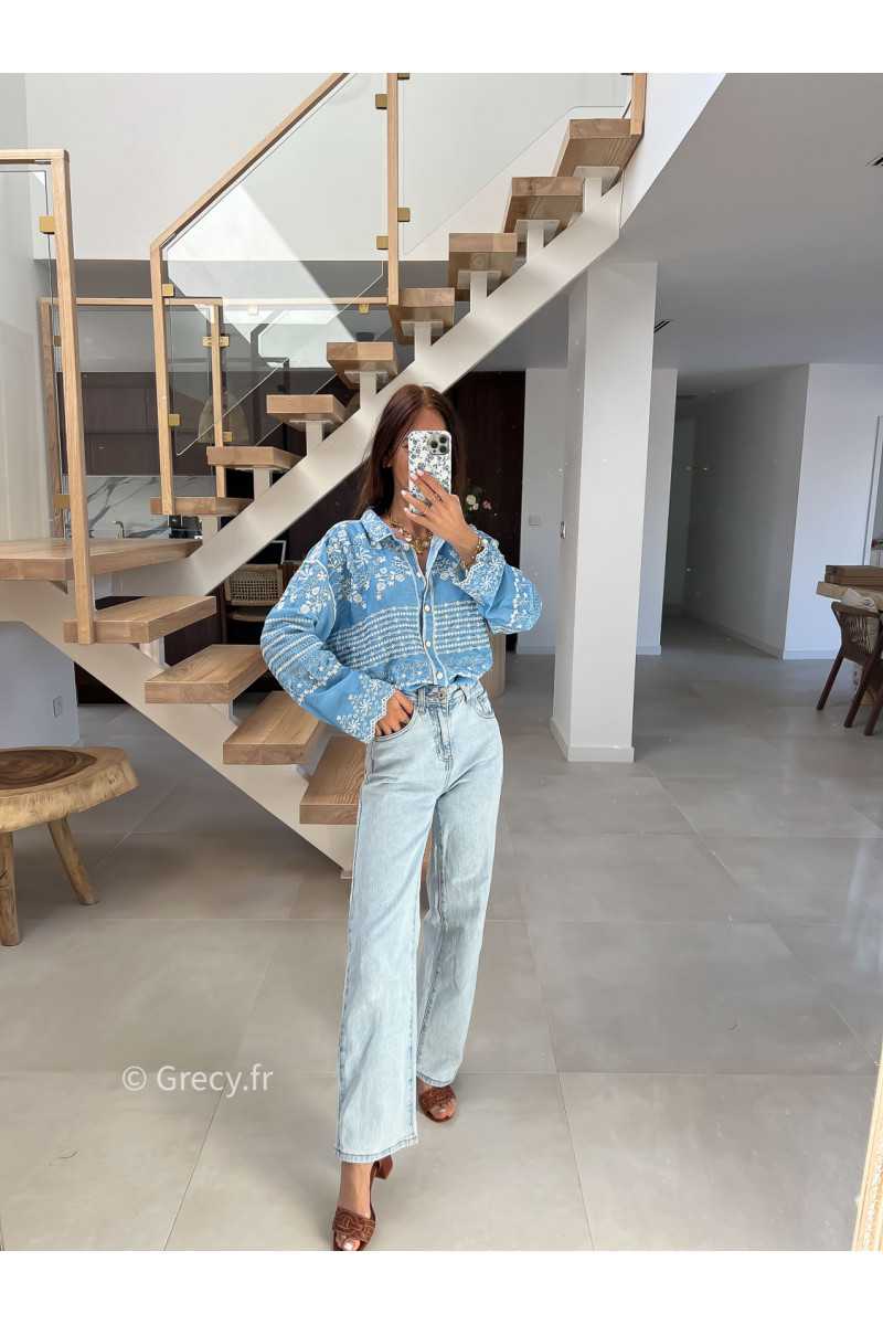 Chemise jean bleu clair broderies fluide large mode tendance chic manches longues grecy