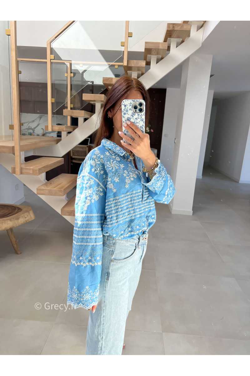 Chemise jean bleu clair broderies fluide large mode tendance chic manches longues grecy