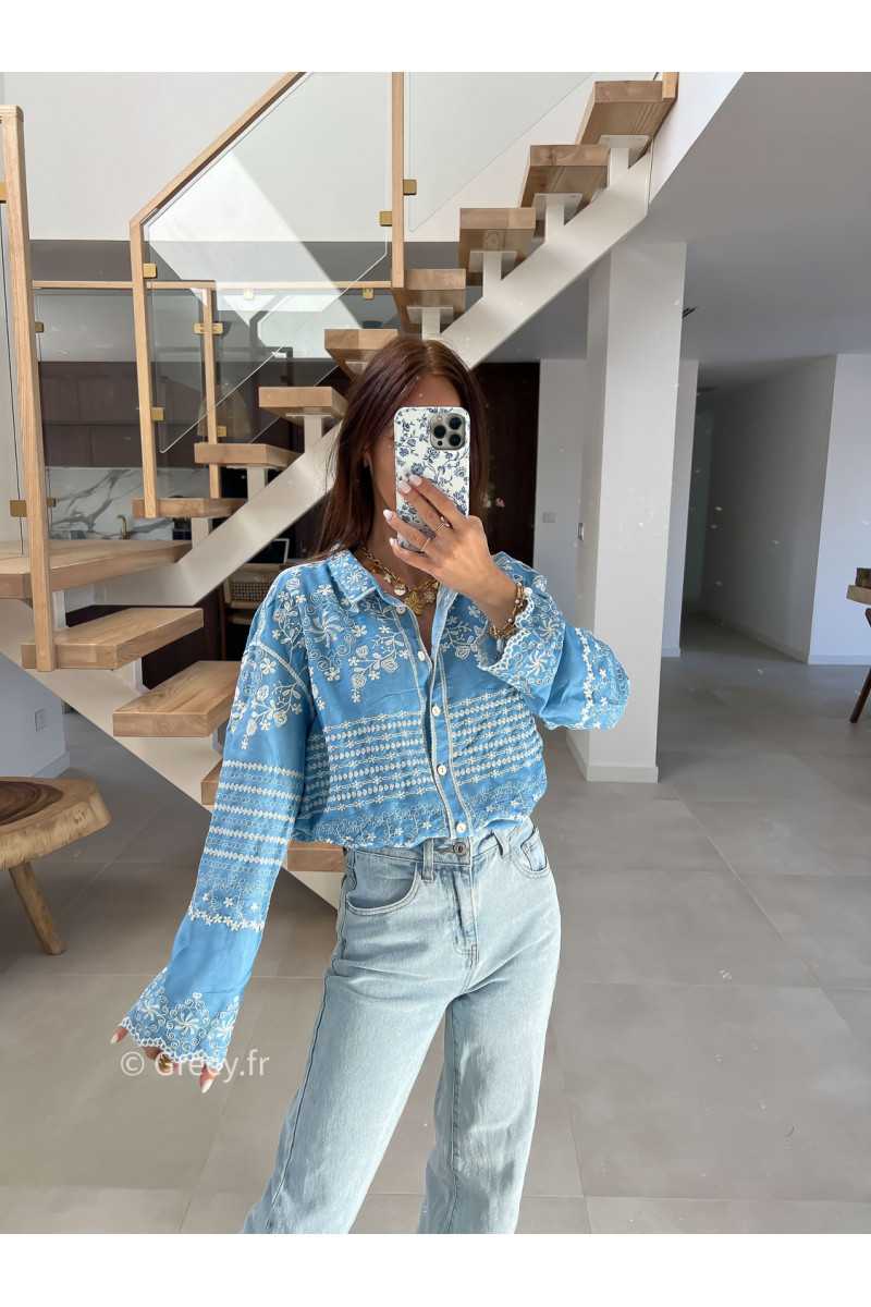 Chemise jean bleu clair broderies fluide large mode tendance chic manches longues grecy