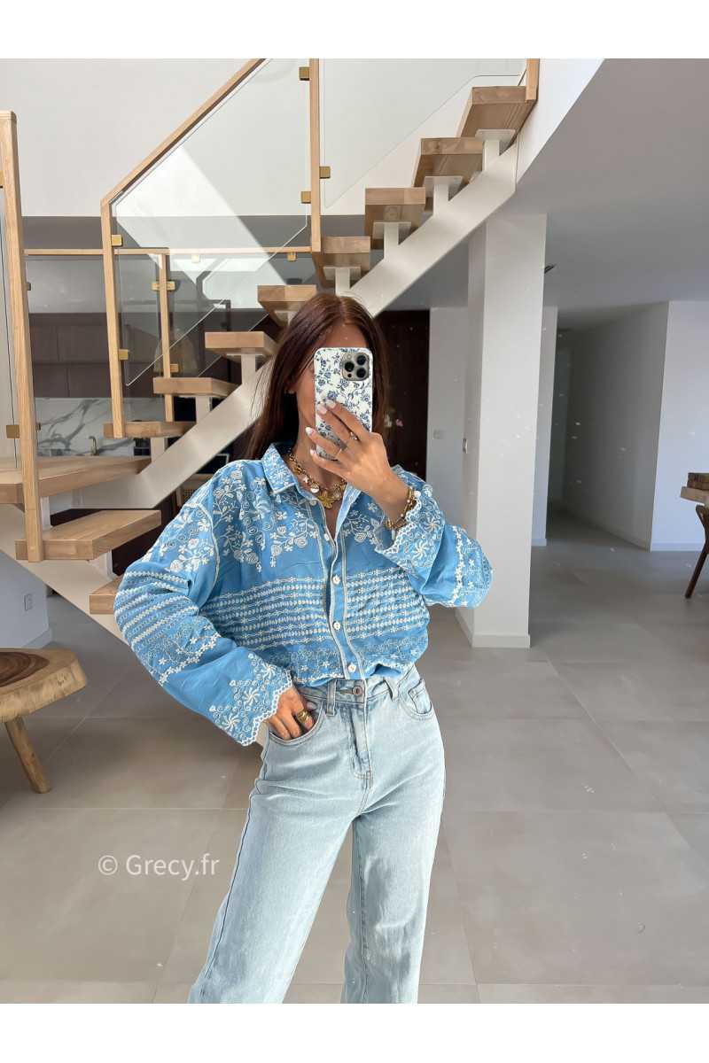 Chemise jean bleu clair broderies fluide large mode tendance chic manches longues grecy