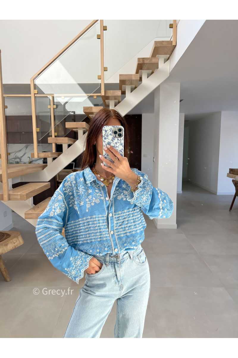 Chemise jean bleu clair broderies fluide large mode tendance chic manches longues grecy
