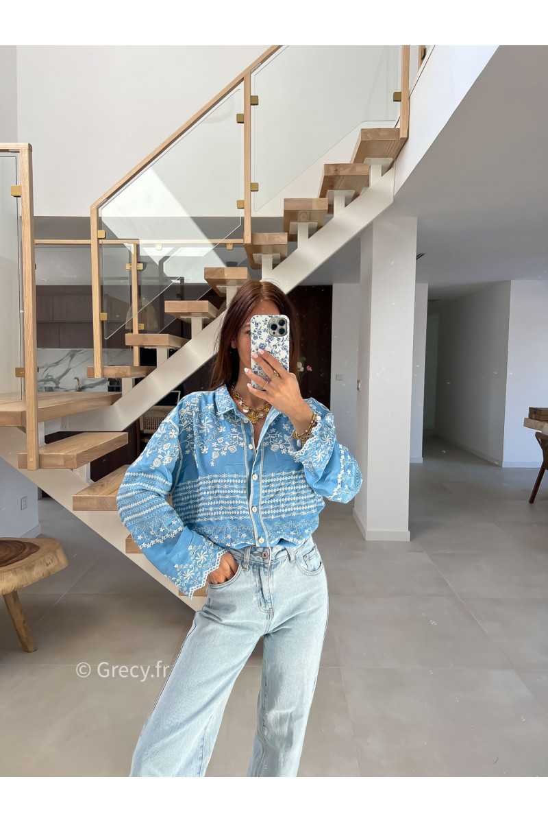 Chemise jean bleu clair broderies fluide large mode tendance chic manches longues grecy