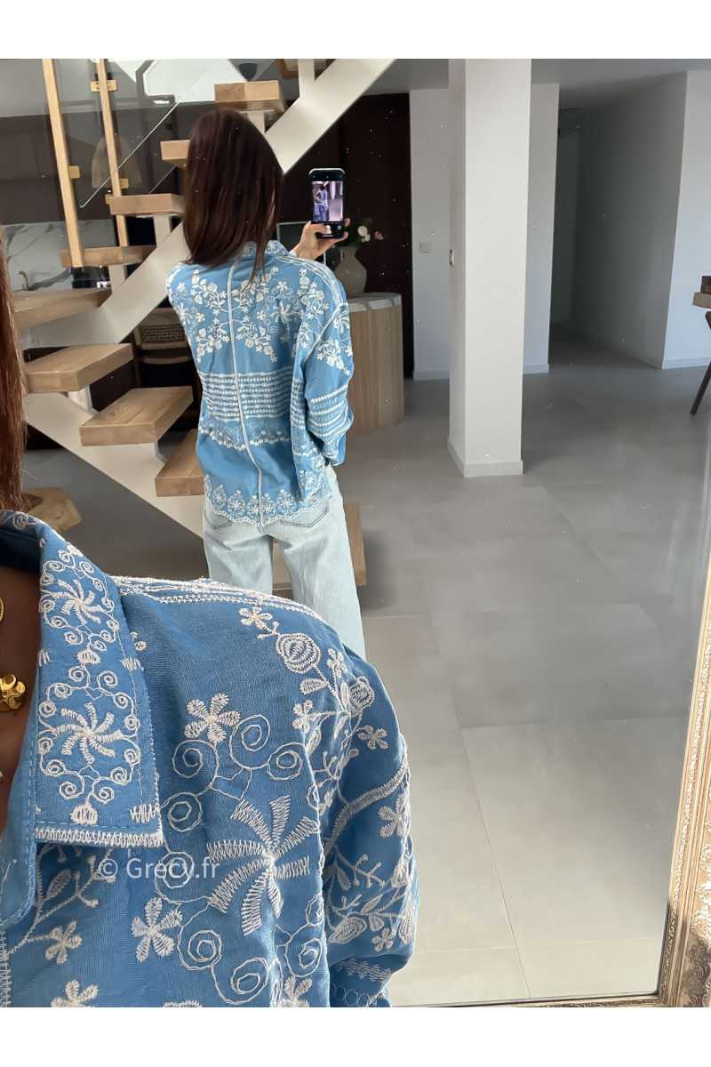 Chemise jean bleu clair broderies fluide large mode tendance chic manches longues grecy