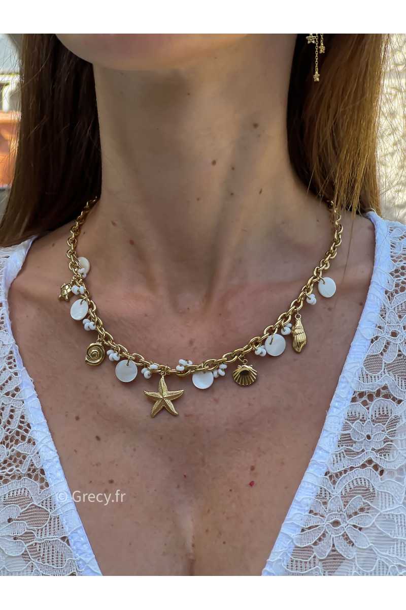 Collier doré papilles blanches Ocean bijoux acier inoxydable grecy