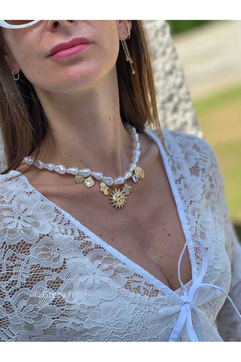 collier nacre perles charms bijoux acier inoxydable grecy