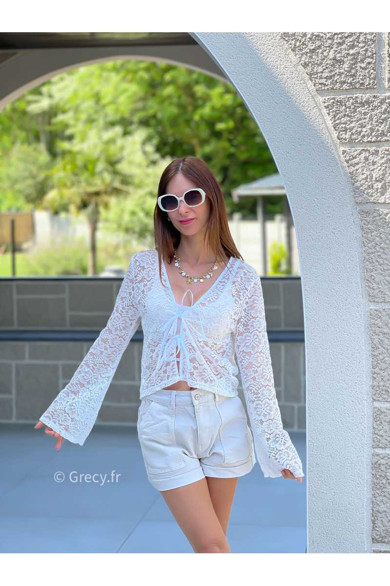 Top blanc dentelles manches longues gilet noeud grecy mode tendance mode printemps été cérémonie chic