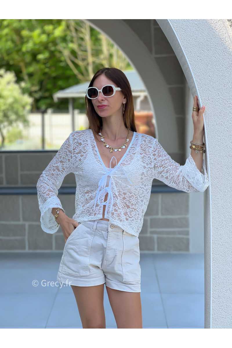 Top blanc dentelles manches longues gilet noeud grecy mode tendance mode printemps été cérémonie chic