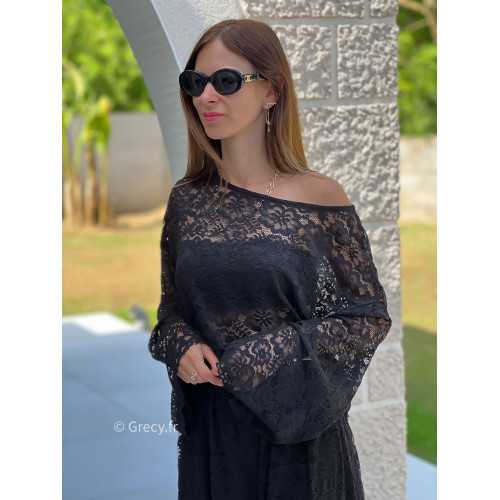 Top noir dentelles manches longues grecy mode tendance ensemble printemps été chic