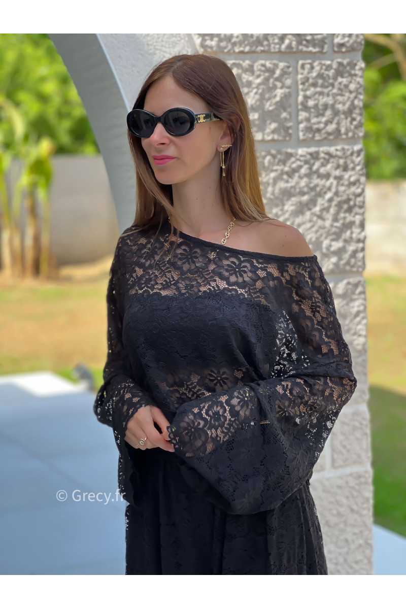 Top noir dentelles manches longues grecy mode tendance ensemble printemps été chic