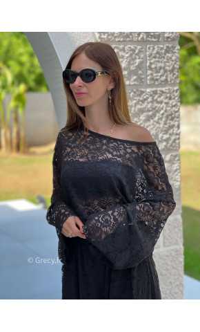 Top noir dentelles manches longues grecy mode tendance ensemble printemps été chic