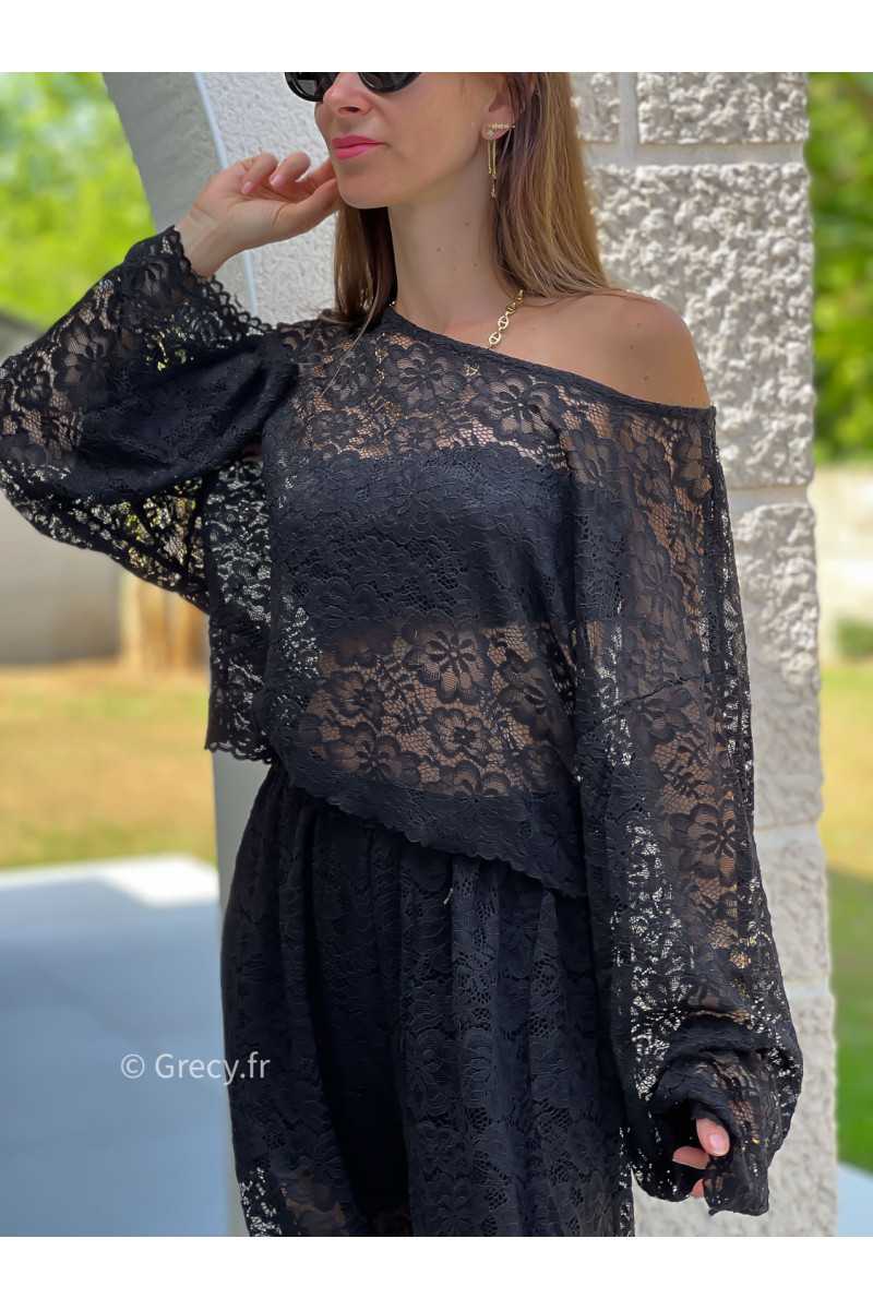 Top noir dentelles manches longues grecy mode tendance ensemble printemps été chic