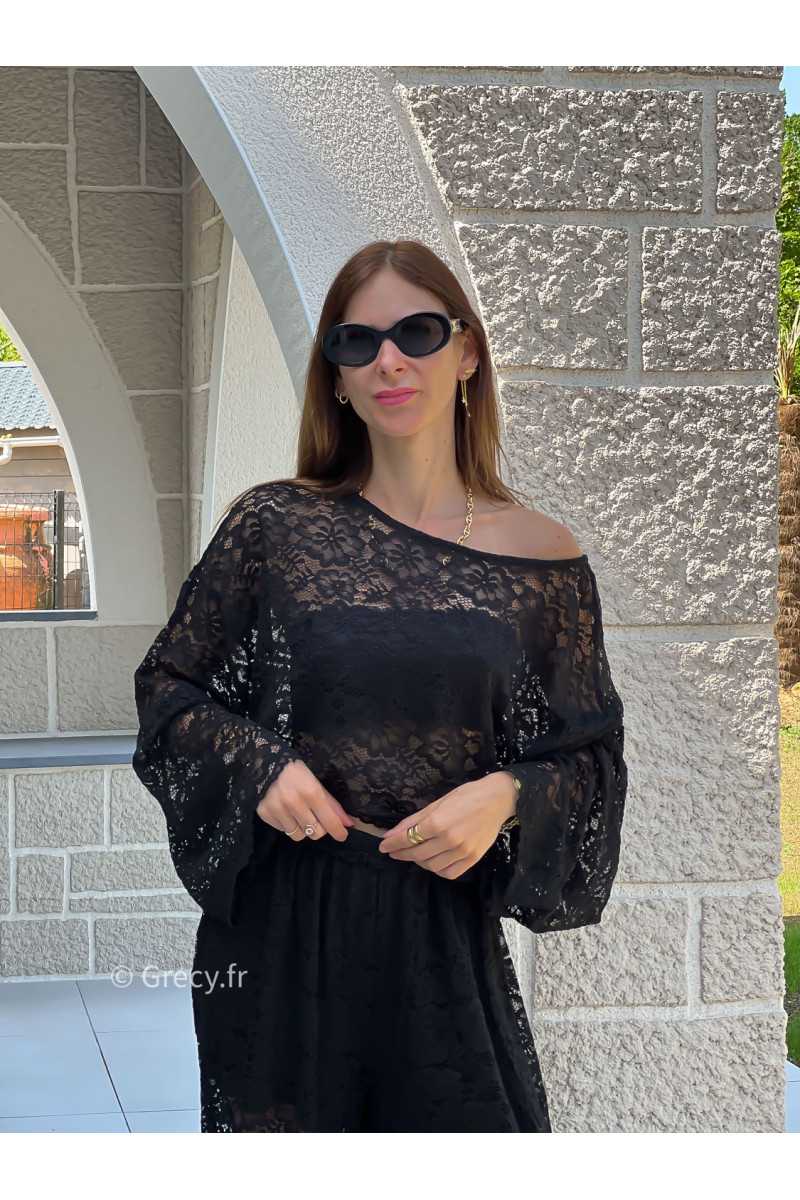 Top noir dentelles manches longues grecy mode tendance ensemble printemps été chic