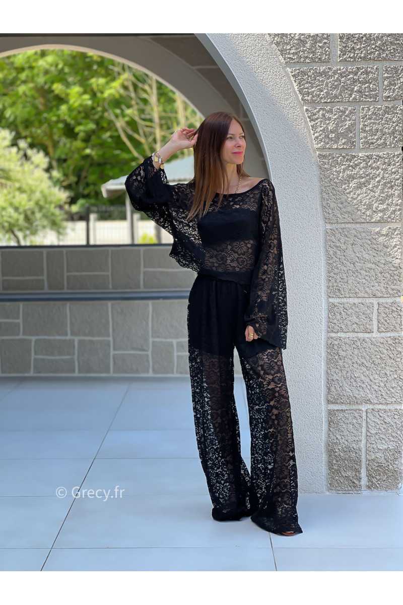 Top noir dentelles manches longues grecy mode tendance ensemble printemps été chic
