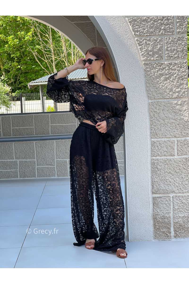 Top noir dentelles manches longues grecy mode tendance ensemble printemps été chic