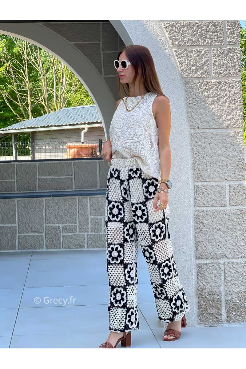 Pantalon crochet fleurs noir et blanc mode tendance ensemble printemps été chic
