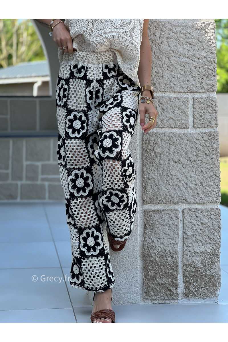 Pantalon crochet fleurs noir et blanc mode tendance ensemble printemps été chic