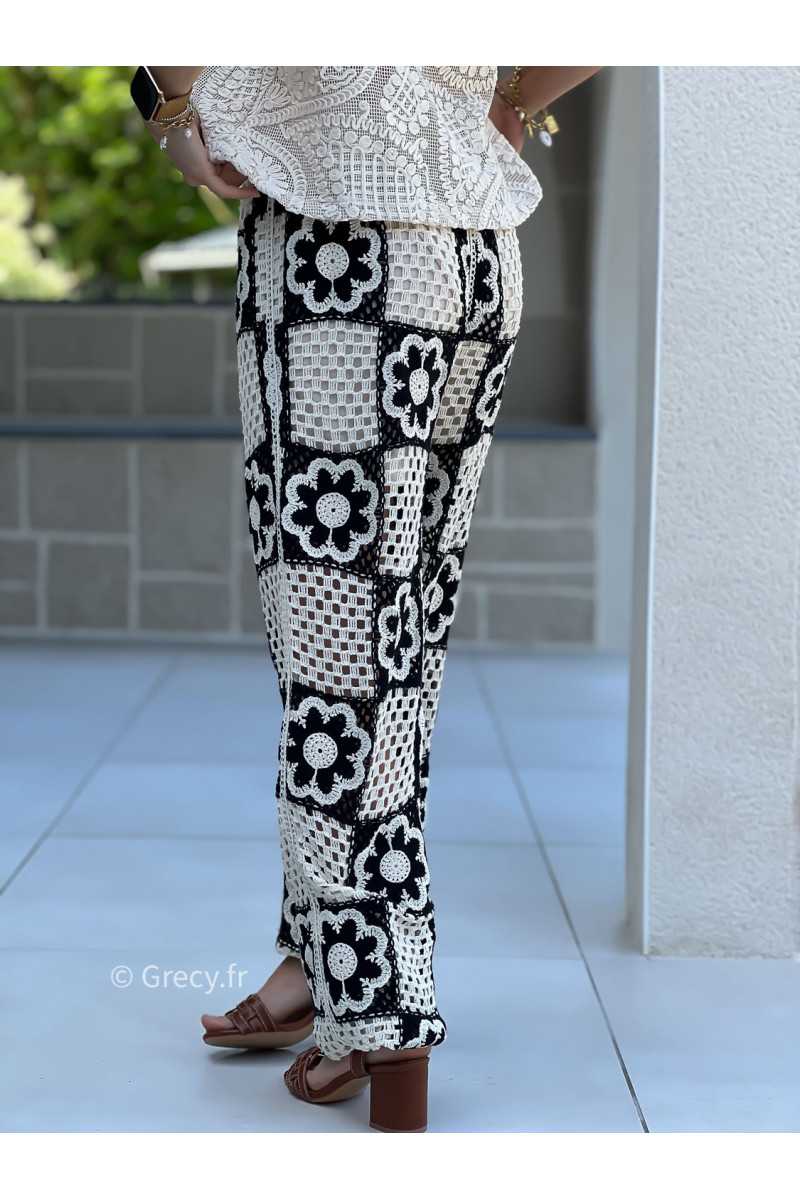 Pantalon crochet fleurs noir et blanc mode tendance ensemble printemps été chic