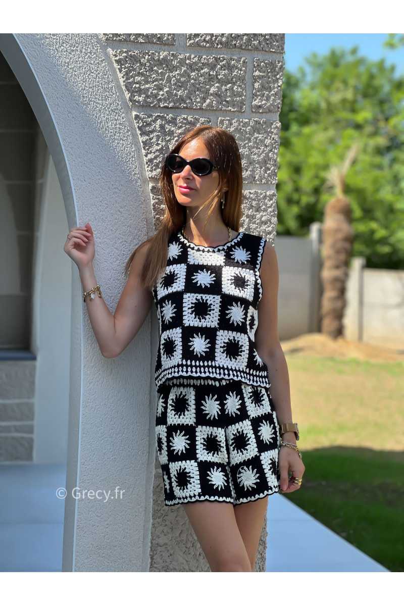 Ensemble crochet noir et blanc short et débardeur mode tendance ensemble printemps été chic