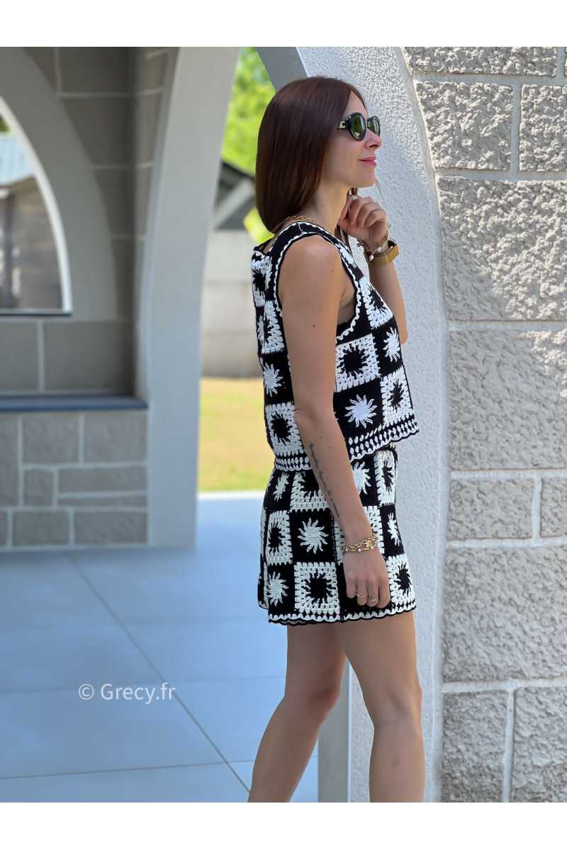 Ensemble crochet noir et blanc short et débardeur mode tendance ensemble printemps été chic
