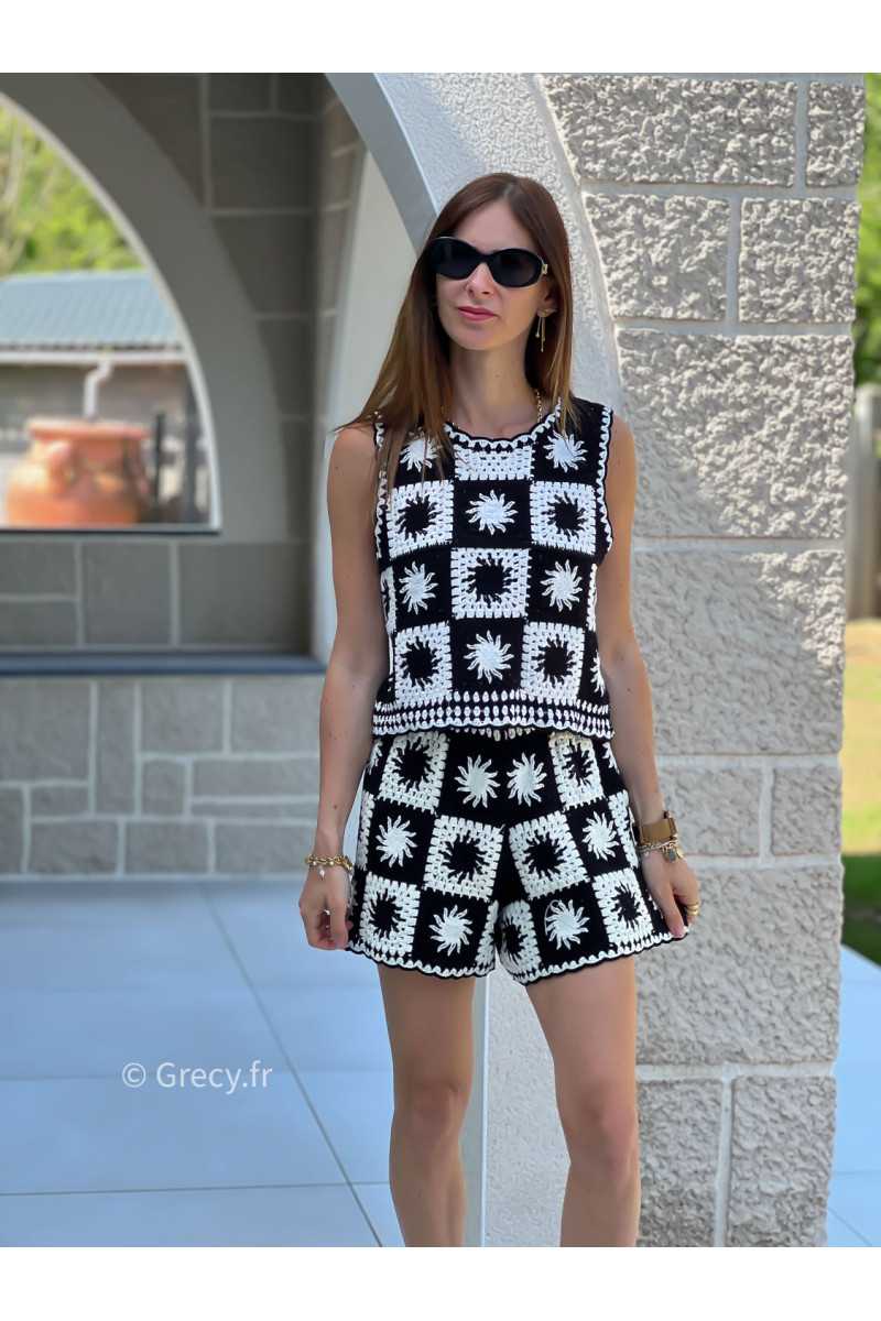 Ensemble crochet noir et blanc short et débardeur mode tendance ensemble printemps été chic