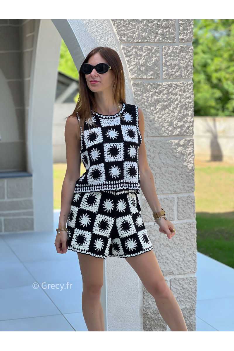 Ensemble crochet noir et blanc short et débardeur mode tendance ensemble printemps été chic