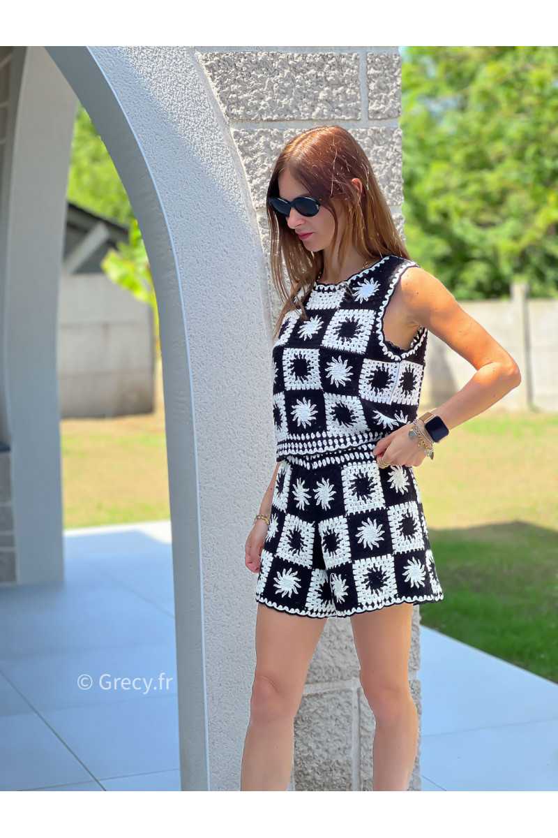 Ensemble crochet noir et blanc short et débardeur mode tendance ensemble printemps été chic