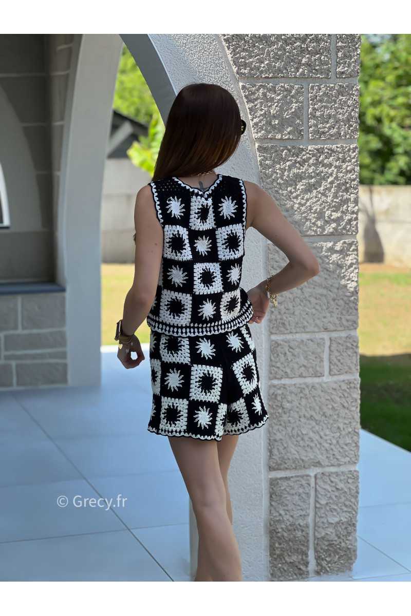 Ensemble crochet noir et blanc short et débardeur mode tendance ensemble printemps été chic