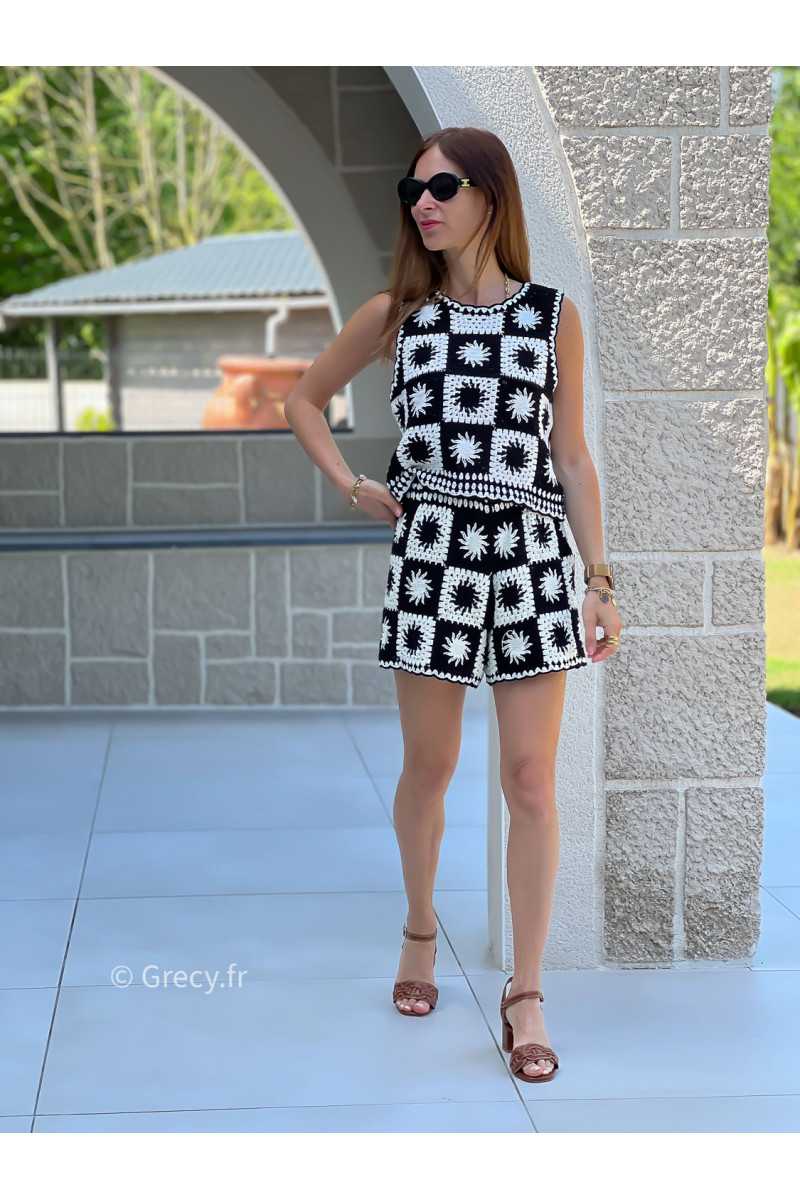 Ensemble crochet noir et blanc short et débardeur mode tendance ensemble printemps été chic