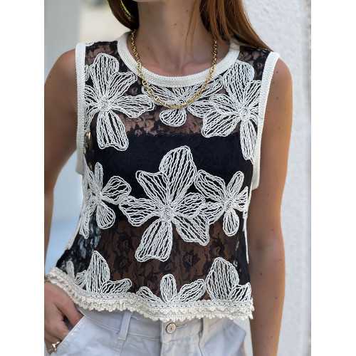 Top crochet noir à fleurs débardeur mode tendance ensemble printemps été chic