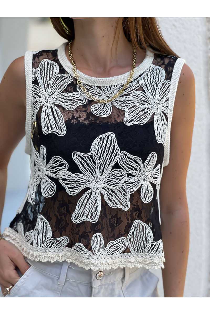 Top crochet noir à fleurs débardeur mode tendance ensemble printemps été chic