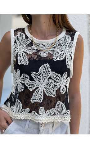 Top crochet noir à fleurs débardeur mode tendance ensemble printemps été chic