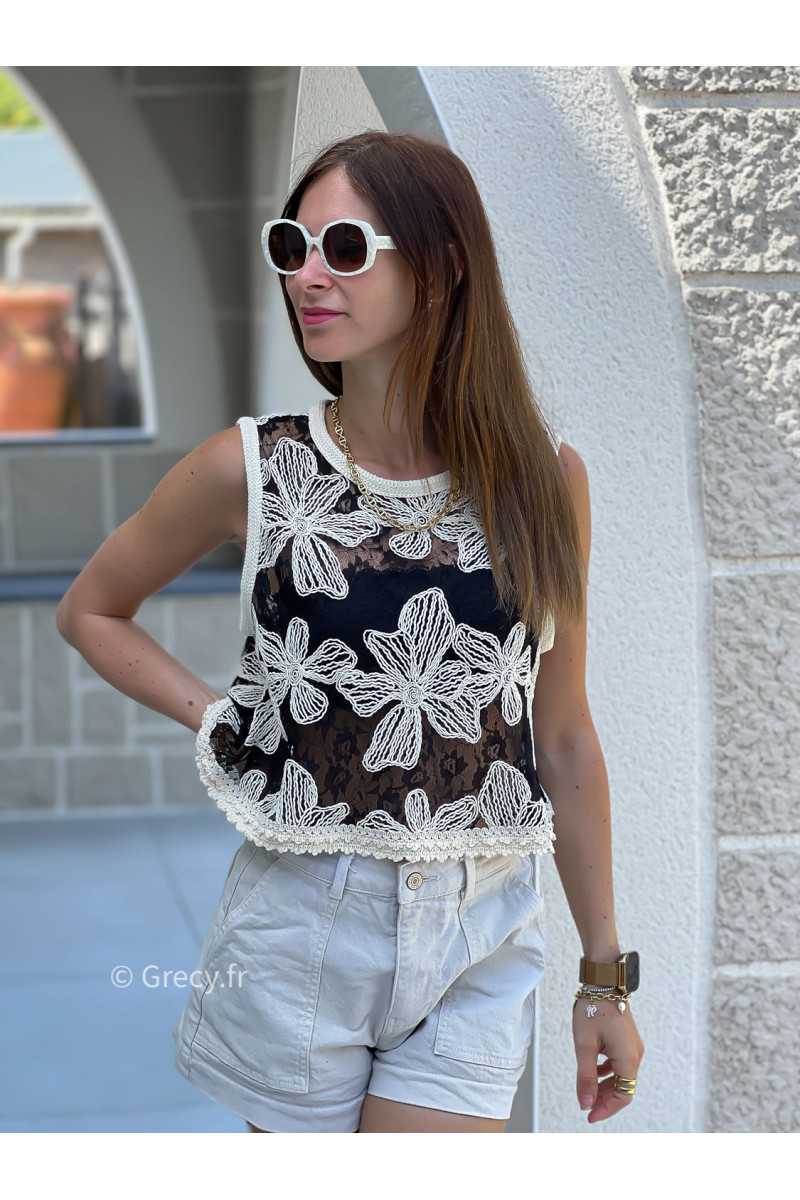 Top crochet noir à fleurs débardeur mode tendance ensemble printemps été chic