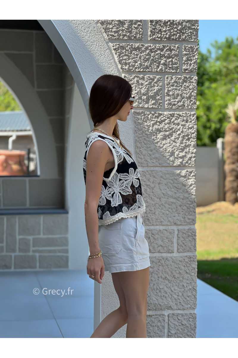 Top crochet noir à fleurs débardeur mode tendance ensemble printemps été chic