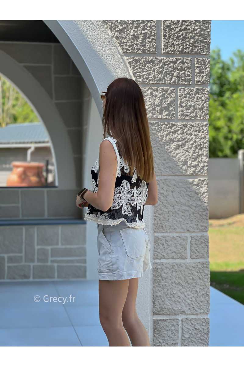 Top crochet noir à fleurs débardeur mode tendance ensemble printemps été chic
