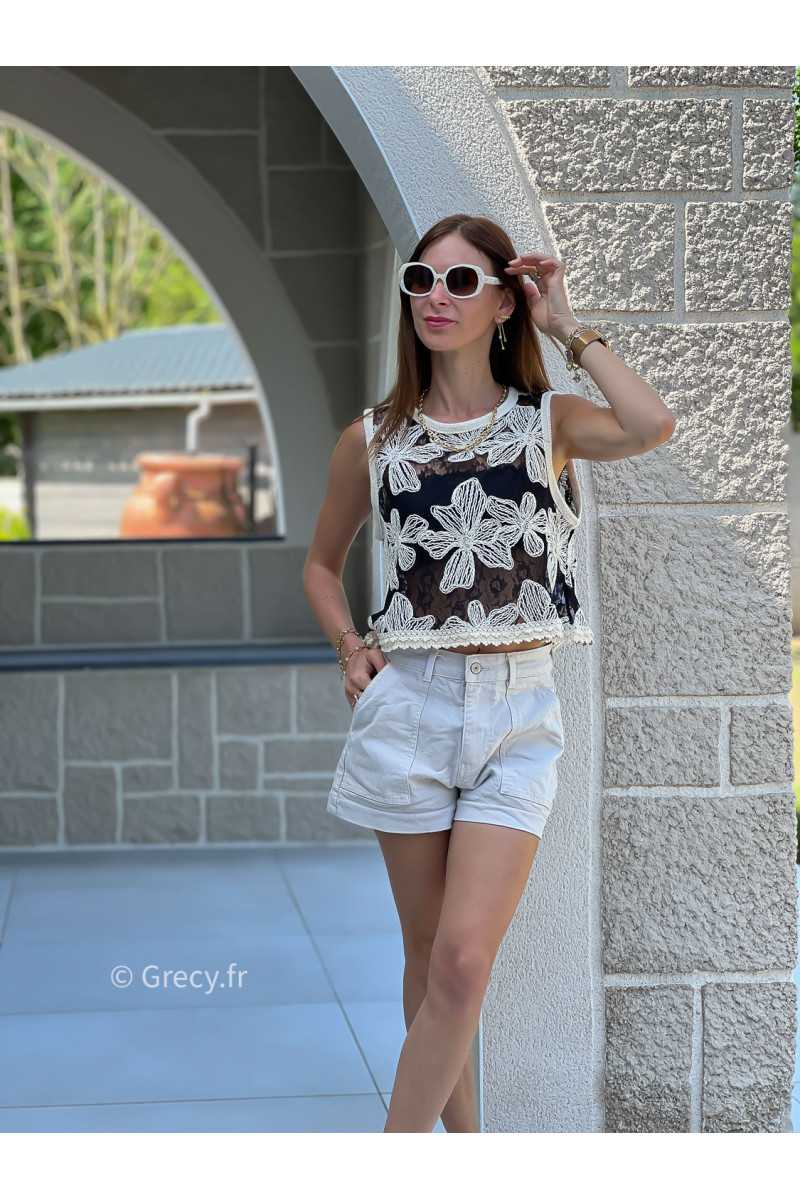 Top crochet noir à fleurs débardeur mode tendance ensemble printemps été chic
