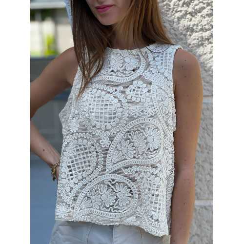 Débardeur crochet crème beige mode tendance ensemble printemps été chic