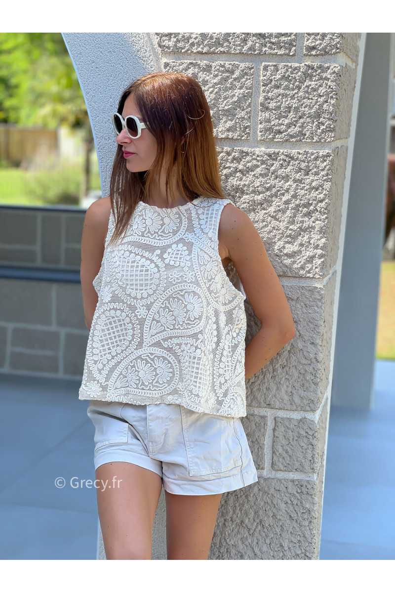 Débardeur crochet crème beige mode tendance ensemble printemps été chic