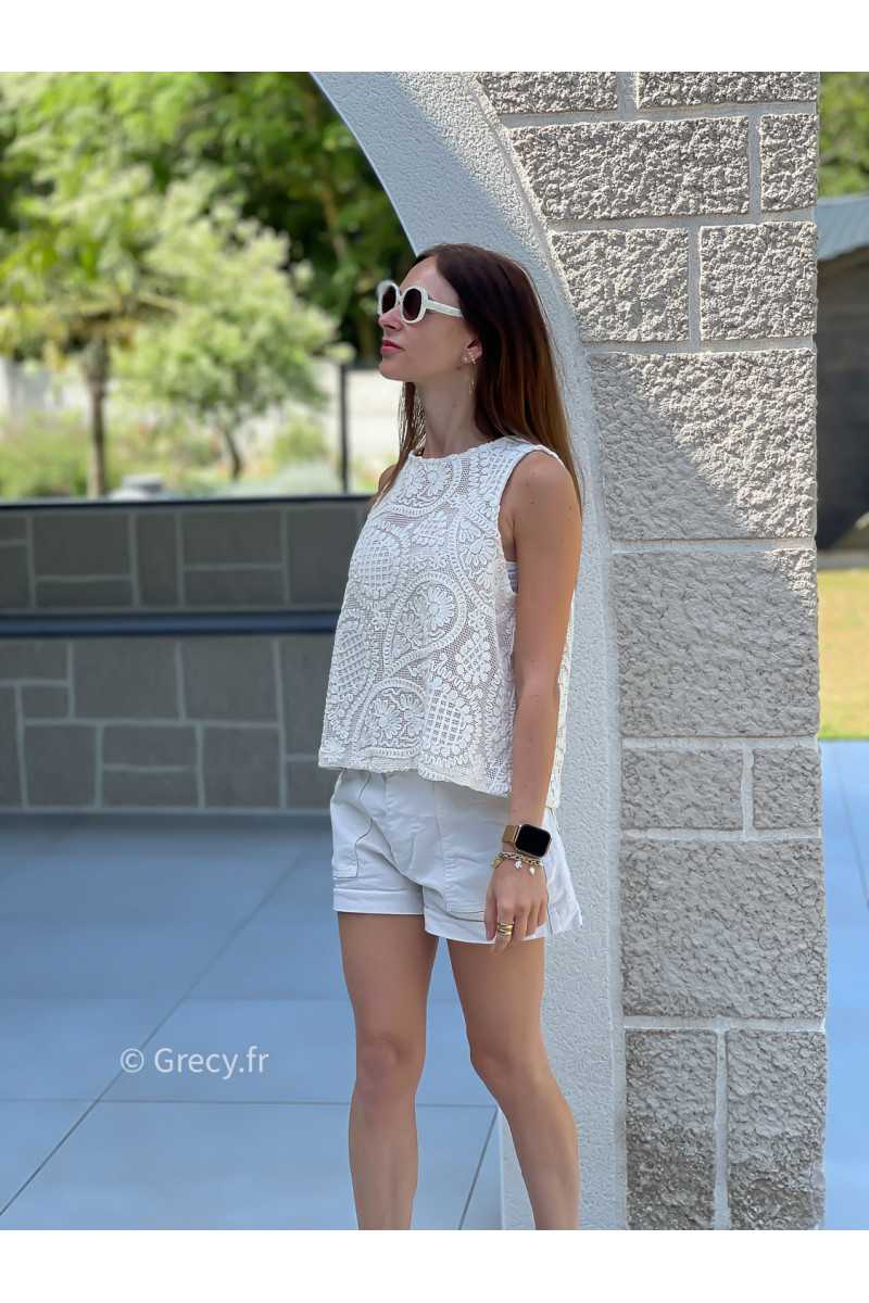 Débardeur crochet crème beige mode tendance ensemble printemps été chic