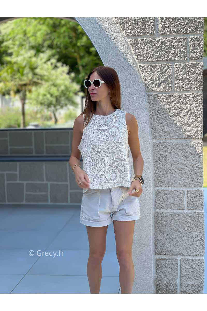 Débardeur crochet crème beige mode tendance ensemble printemps été chic