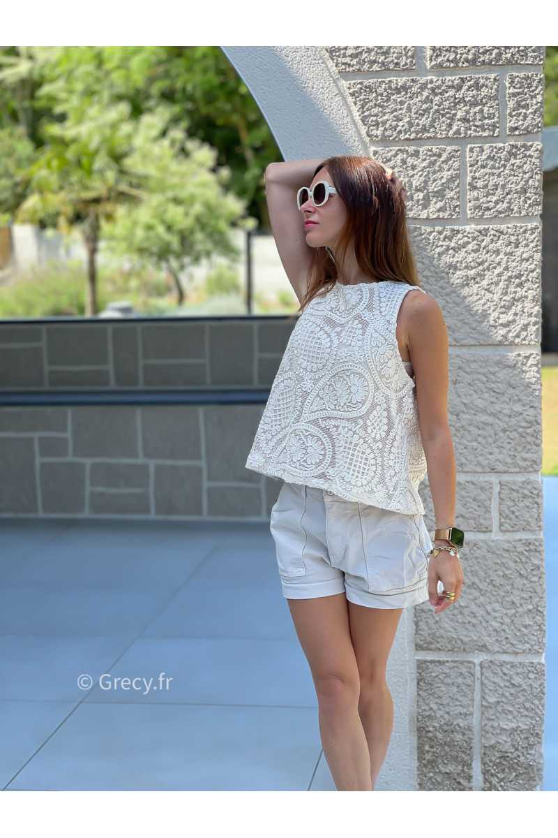 Débardeur crochet crème beige mode tendance ensemble printemps été chic