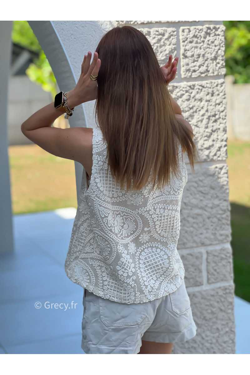 Débardeur crochet crème beige mode tendance ensemble printemps été chic