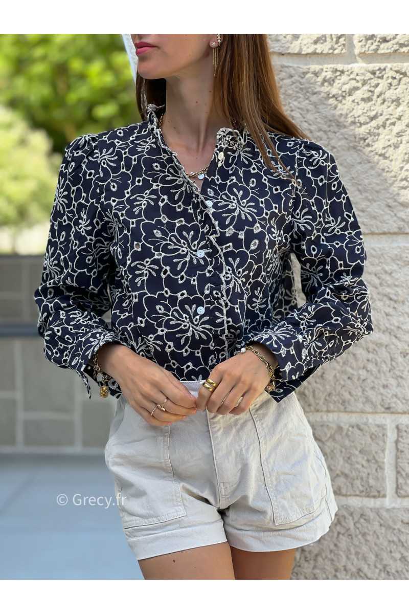 Chemise marine broderies manches longues mode tendance ensemble printemps été chic