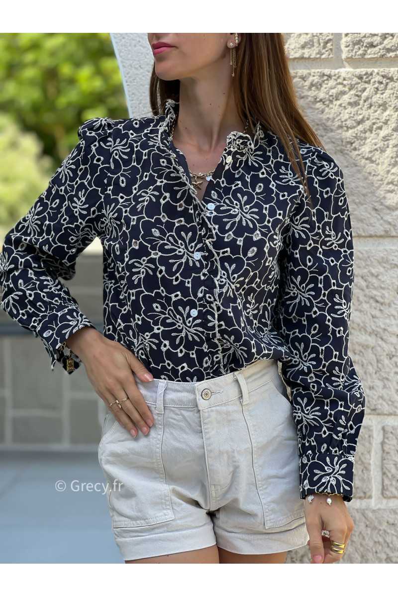 Chemise marine broderies manches longues mode tendance ensemble printemps été chic