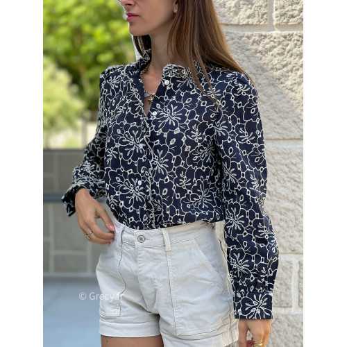 Chemise marine broderies manches longues