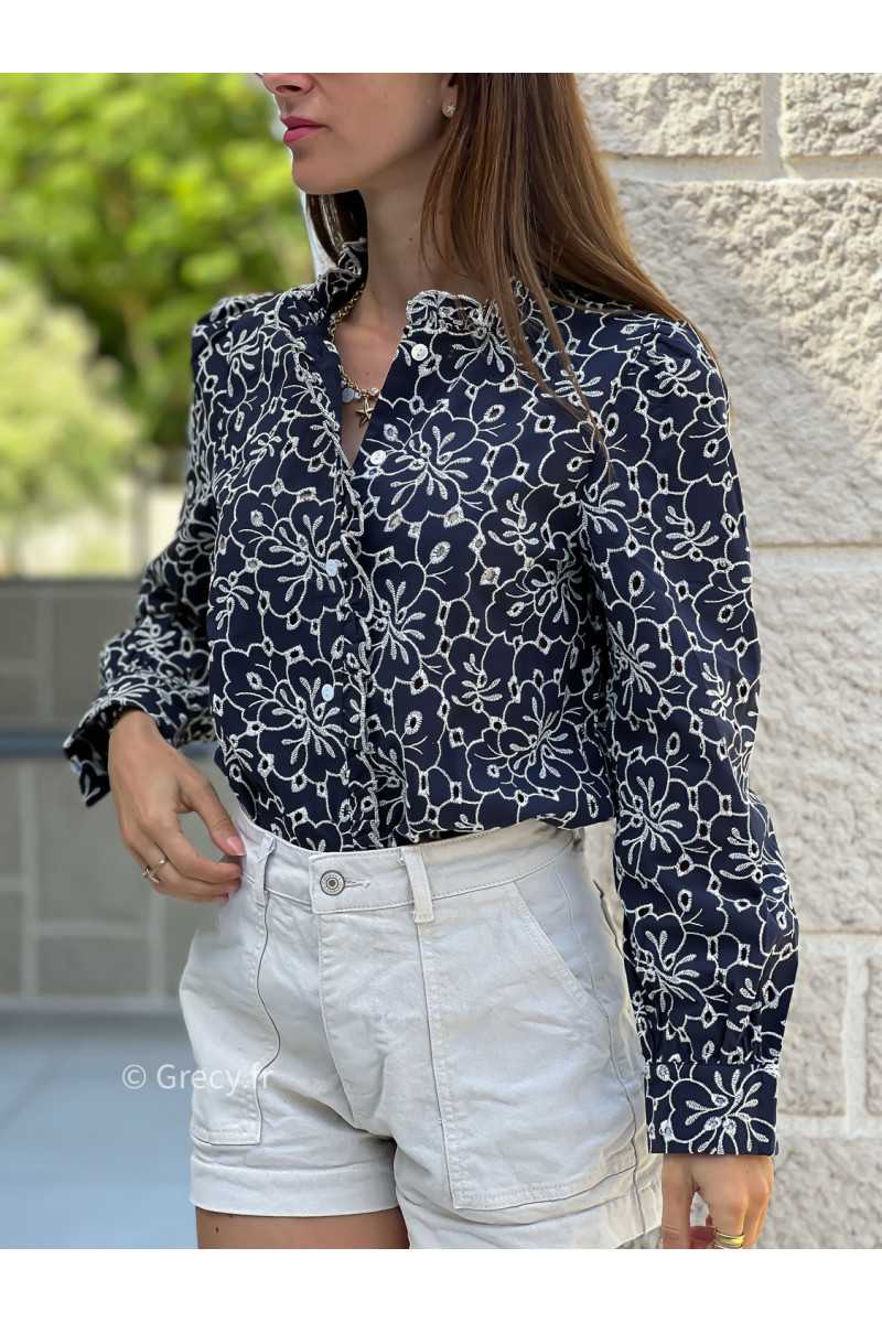 Chemise marine broderies manches longues mode tendance ensemble printemps été chic