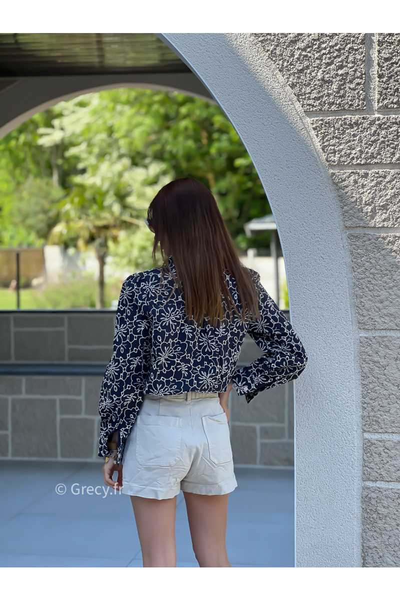 Chemise marine broderies manches longues mode tendance ensemble printemps été chic