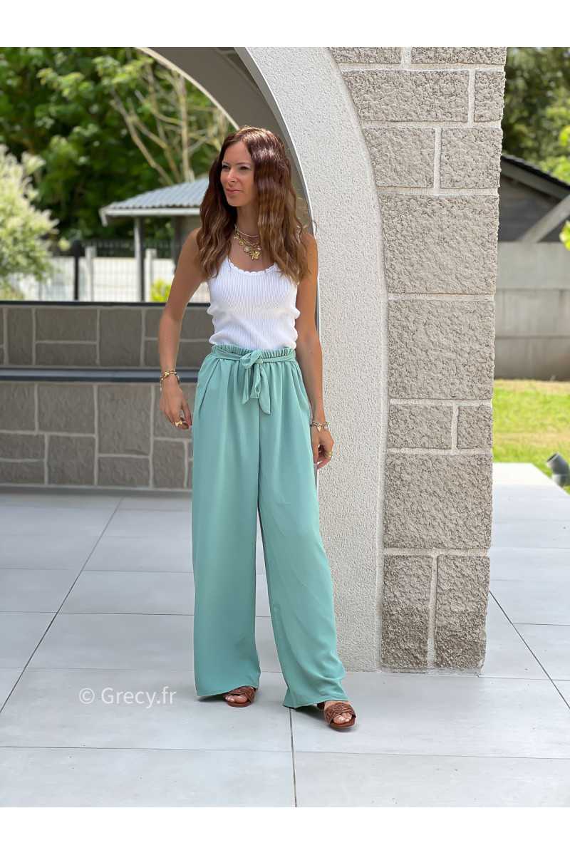 Pantalon fluide vert d'eau clair mode grecy tendance printemps été 2025 ootd fluide cérémonie chic